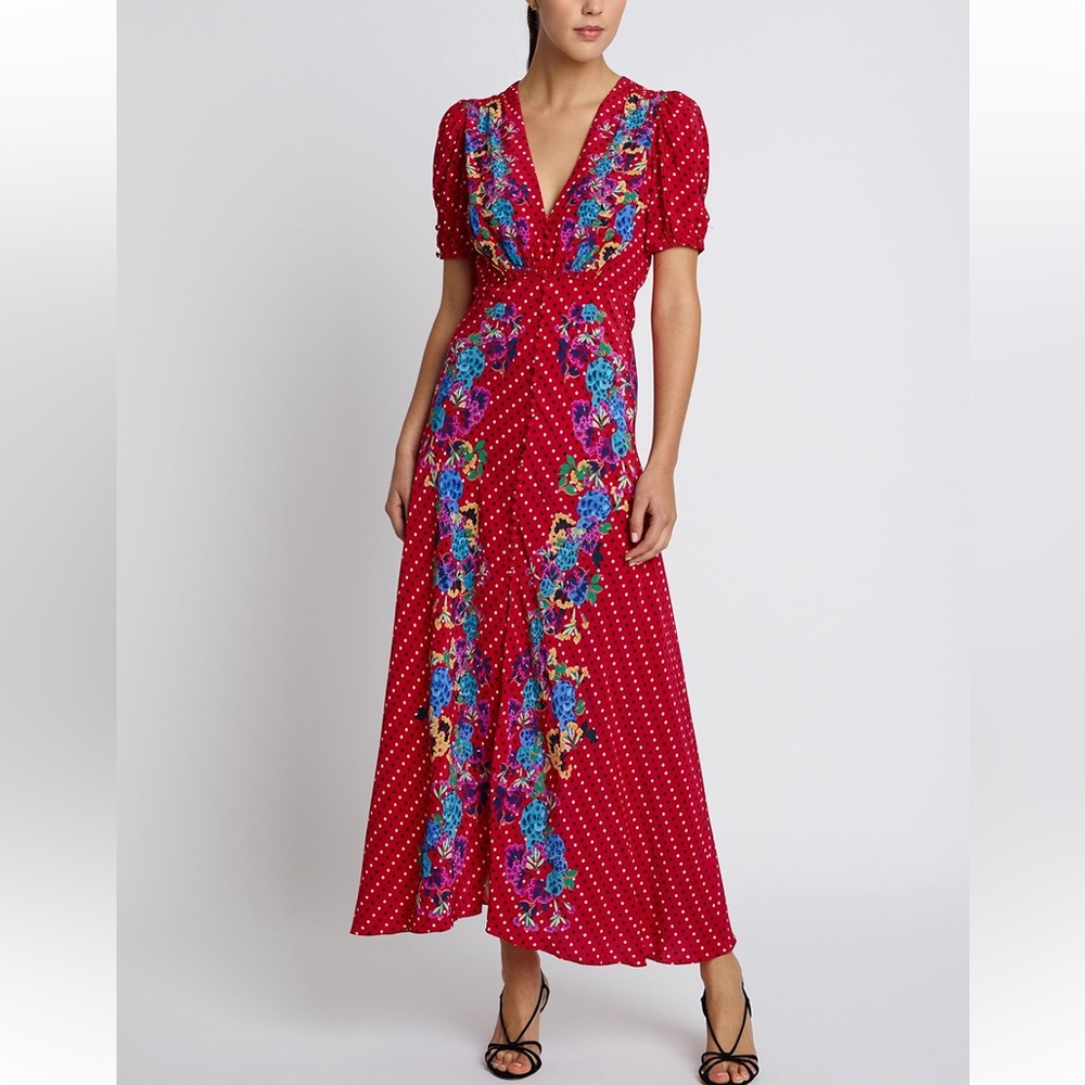 Saloni Lea Red Dress 6 M Silk Long Floral Dress uk10 us6